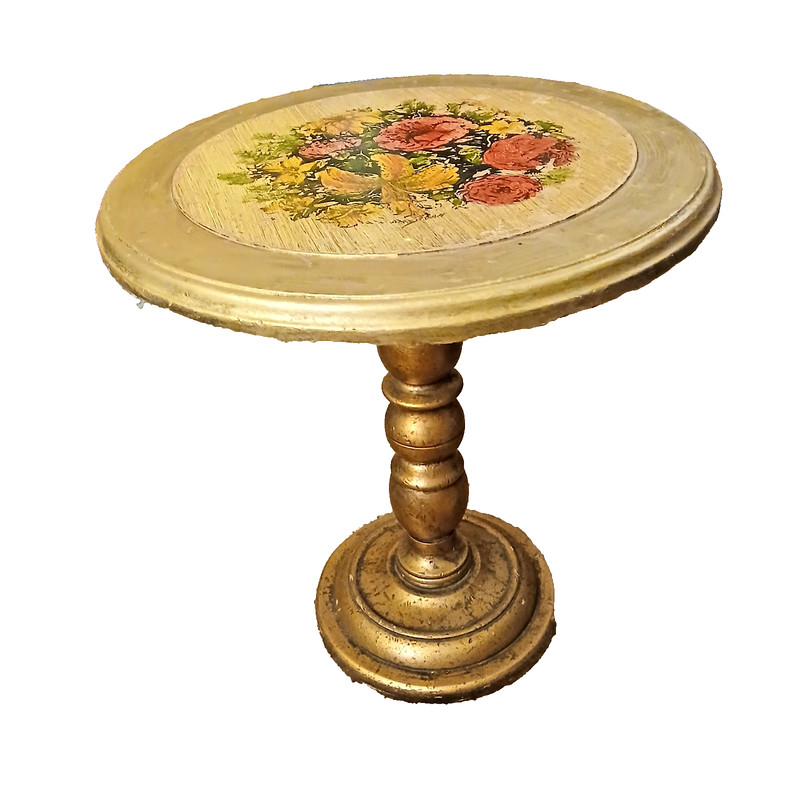 Signed Alex Stewart Vintage Hand Painted Floral Wood Pedestal Side Table