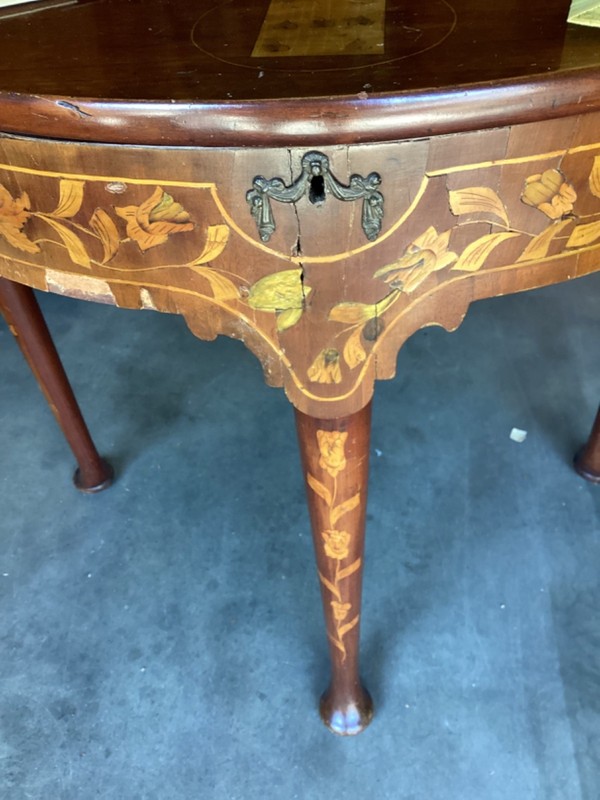 Antique French Inlay Flip Top Floral Console Game Table Veneer Damage Stunning gallery
