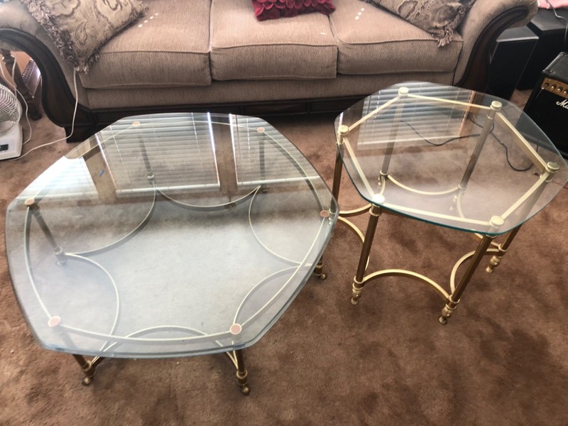 Vintage Brass and Glass Coffee Tables 14.5×39.5 hexagonal 21×26 hexagonal