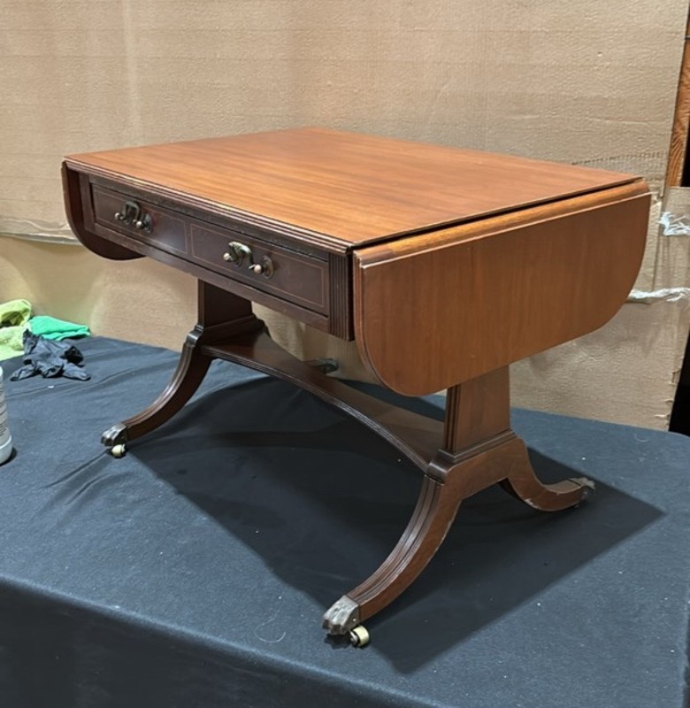Antique Mahogany Drop-Leaf Writing Desk with Brass Casters gallery