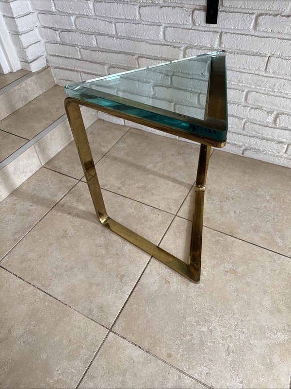 Vintage MCM Milo Baughman Style Brass Tone Glass Top Triangular Side Table