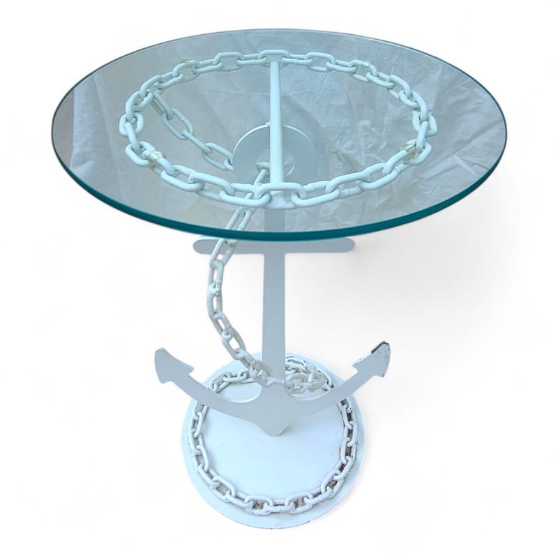 Vintage Wrought Iron Anchor & Chain Side Table Glass Top Lake House Yacht White gallery