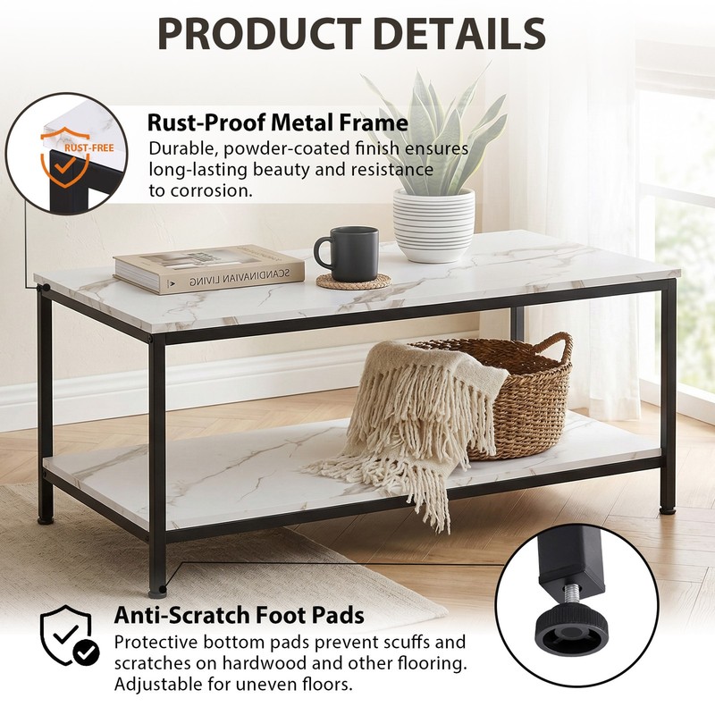 39.4Inch 2 Tier Modern Industrial Coffee Table W/Storage Shelf Metal Frame White gallery
