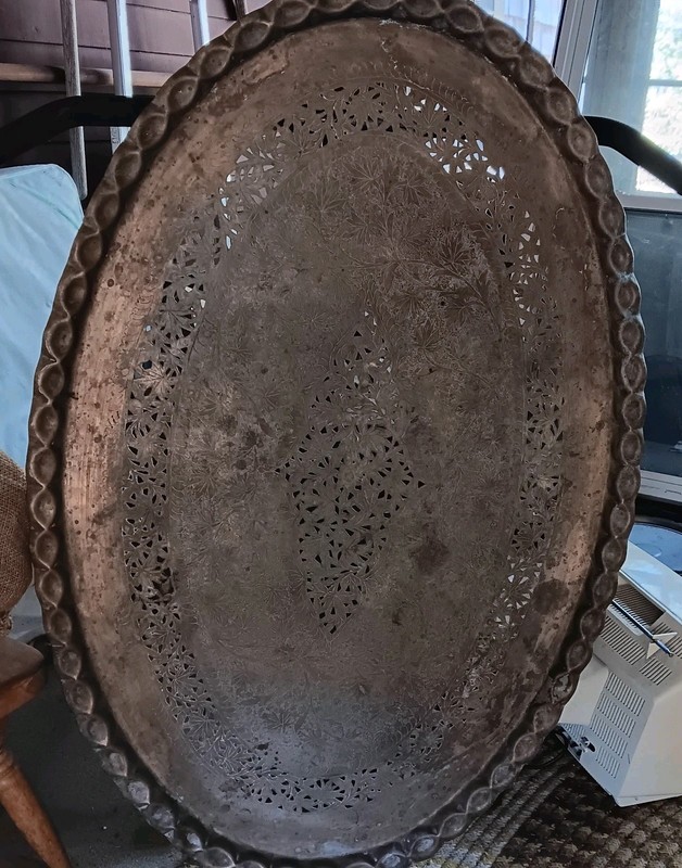 Etched OVAL VINTAGE Brass Fluted Edge Table Top INDIA 46″ × 31″ MCM
