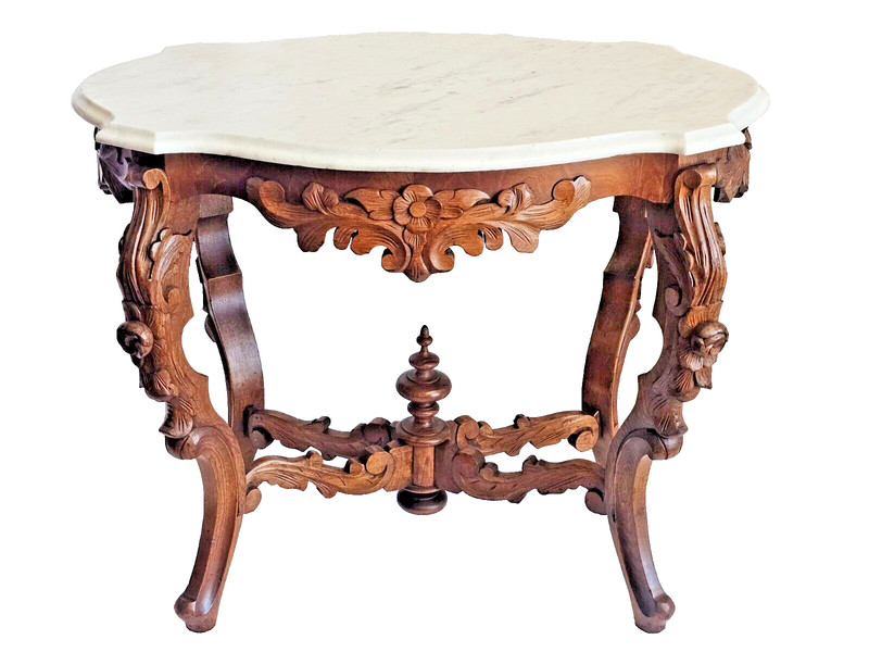 Victorian White Marble Top Rococo Flower Carved Walnut Parlor Table Circa 1880s gallery