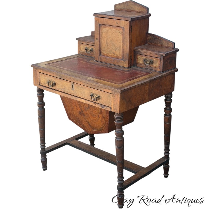 Antique victorian rosewood burl sewing table work stand leather top ladies gallery