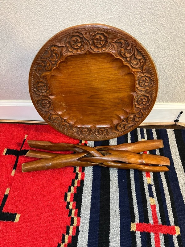 Vintage Wood Carved Side Table with Folding Legs gallery