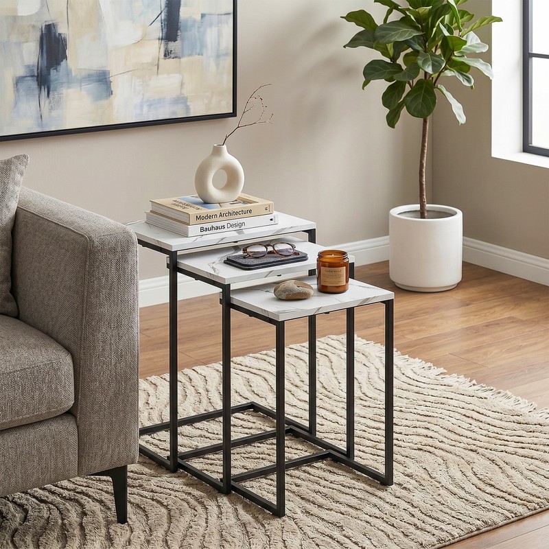 Modern C-Shaped End Tables Set of 3 Nesting Coffee Table Accent Side Table White gallery