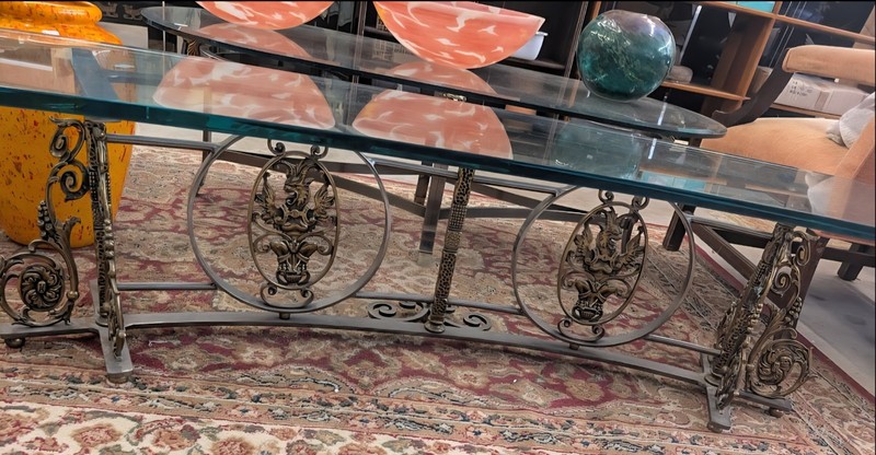 Hollywood Regency Brass + Glass Table With Arc Glass Top + Dragon Base 51″L