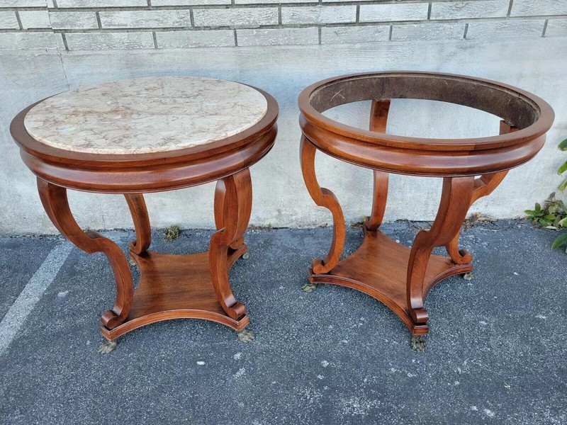 PAIR ANTIQUE ENGLISH REGENCY MAHOGANY ROUND PINK MARBLE SOFA TABLE W BRASS FEET