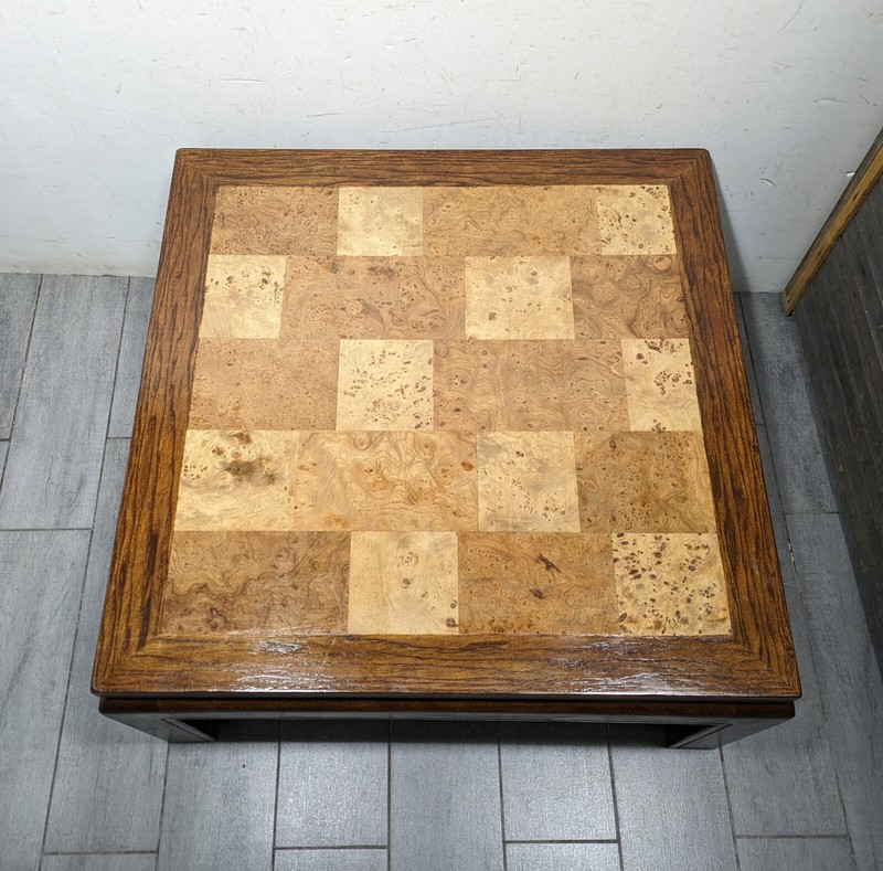Vintage Asian Ming Style Solid Wood Coffee Table Inlaid Burl Mosaic Parquet Top gallery
