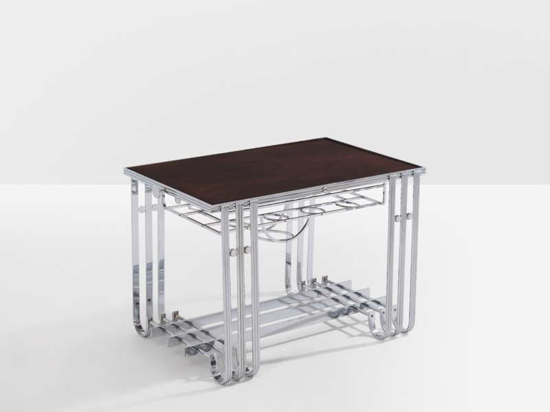French modernist walnut boat bar table nickel-plated 1930s