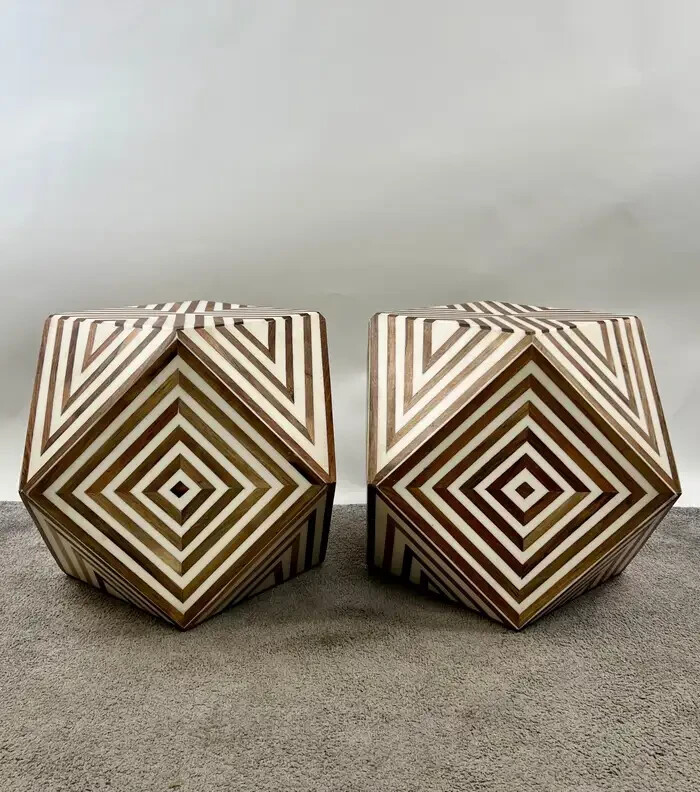 Art Deco Style Brown & White Sculptural Resin & Walnut Side or End Table, a Pair gallery