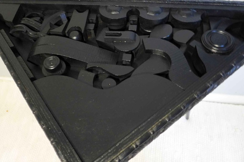 Louise Nevelson (after) Sculptural Collage Black Wood Accent Table Triangle MCM gallery