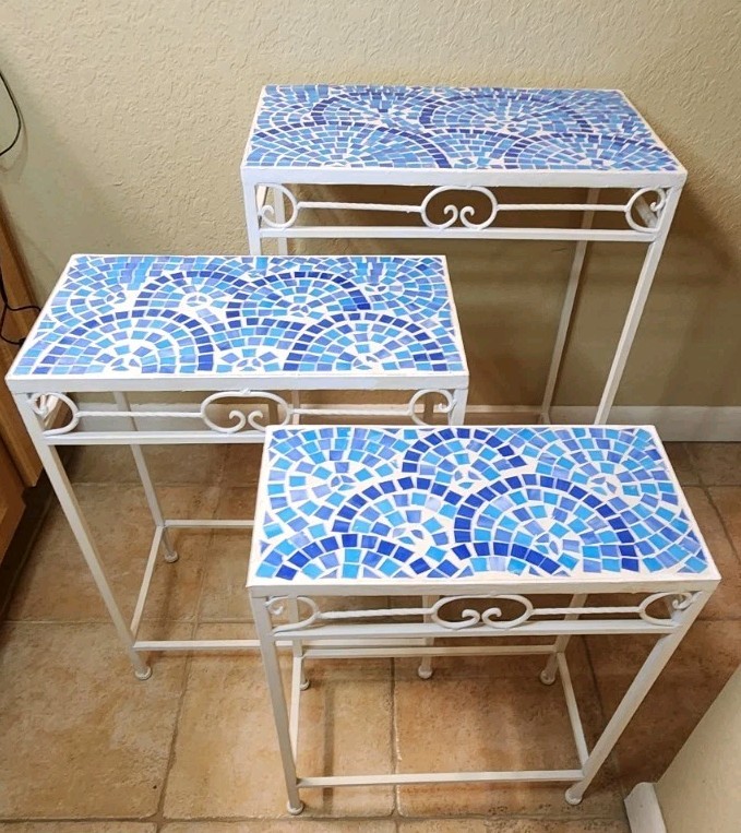 Set Of 3 Vintage Blue Rainbow Mosaic Tiled Cast Iron Nesting/Stackable Tables