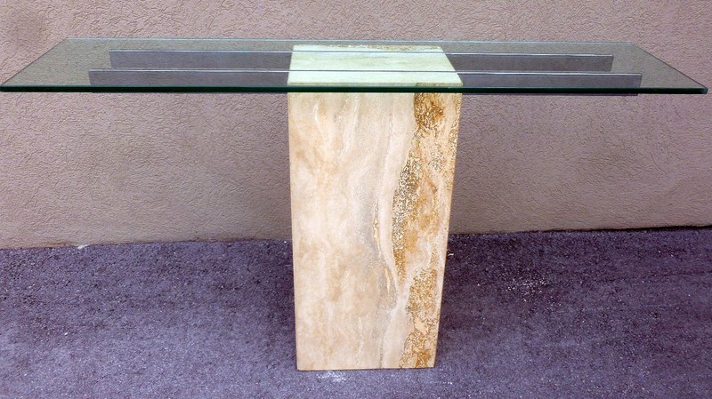 IMPOSING 1970'S ARCHITECTURAL TRAVERTINE MARBLE CONSOLE WITH GLASS TOP gallery