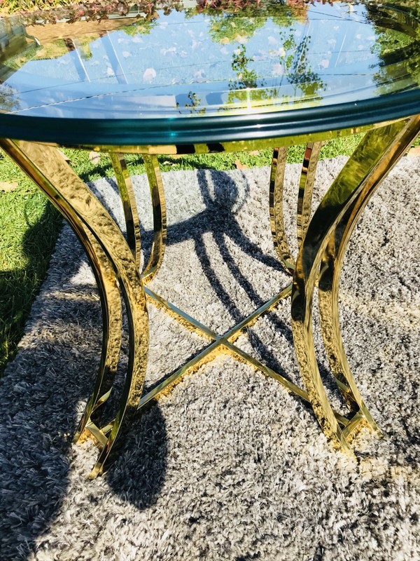 Vtg End Table 80s Gold Forged Brass Bevelled Frame & Glass MCM Hollywood Regency gallery