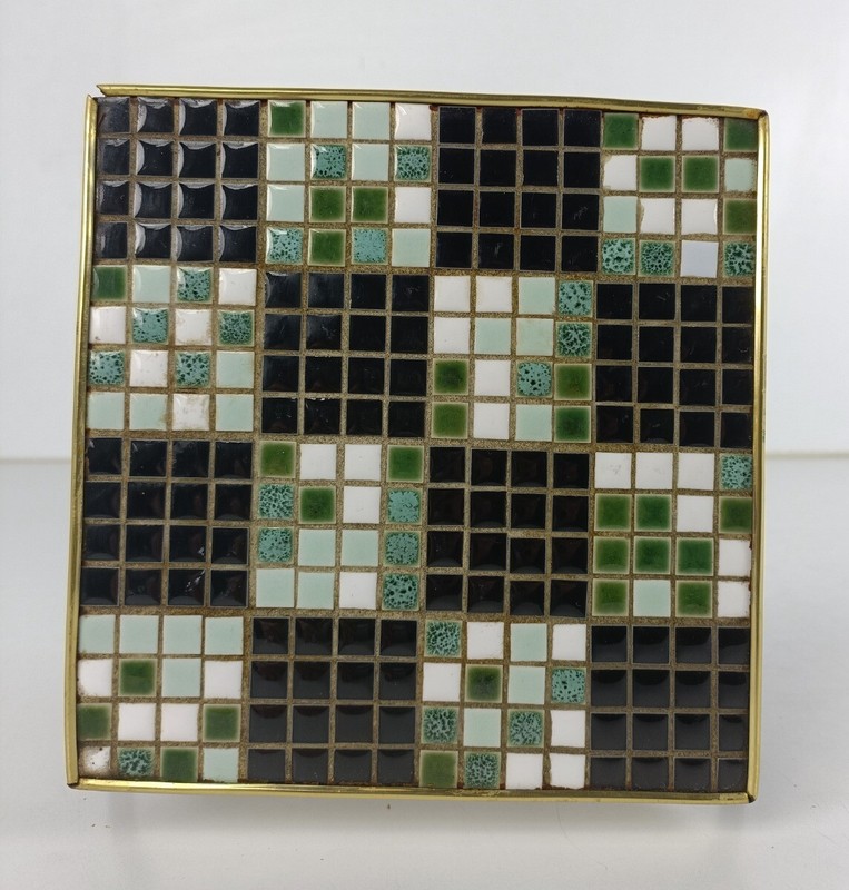 Vintage Small Side Table Plant stand Mosaic tiles Checkered pattern Wrought Iron gallery