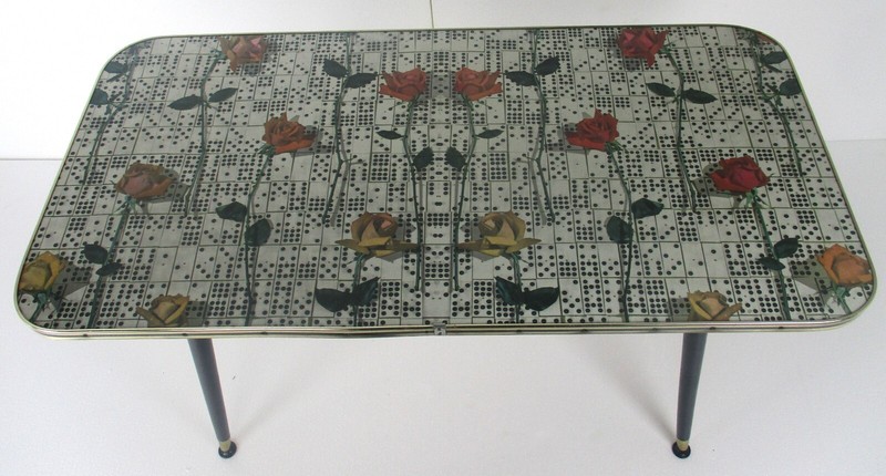 Vintage Coffee Table Side Occasional Table Modernist Retro Rose Pattern Domino gallery