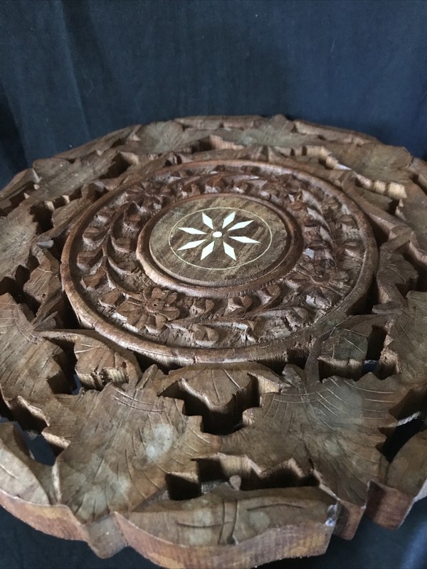 Antique Hand Carved Folding Indian Side Table Plant Stand 9" Dia 9.5" H gallery