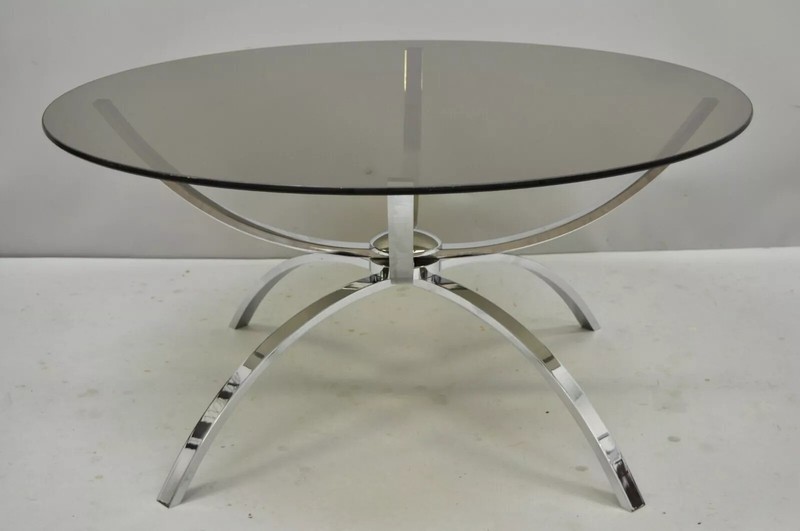 Mid Century Italian Modern Chrome Steel Spider Base Round Glass Top Coffee Table gallery