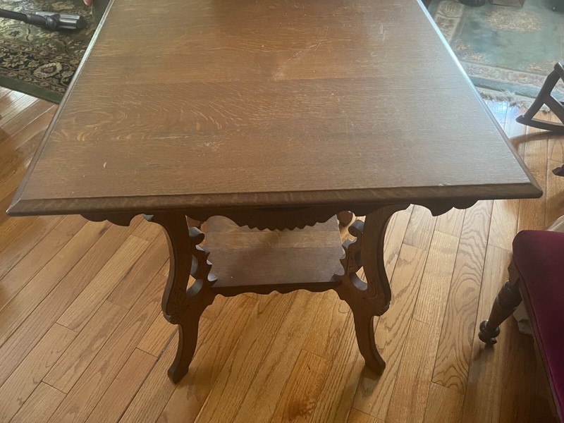 Antique Victorian Tiger Oak Wood 2-Tier Square Parlor Table