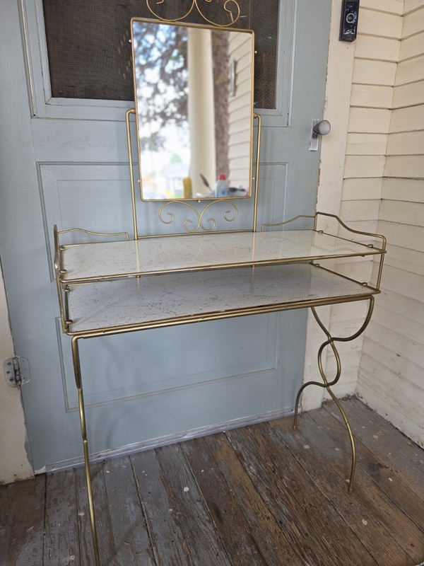 Vintage Gold Metal Atomic Retro Vanity Table Gold Veined Shelves, Tilting Mirror gallery
