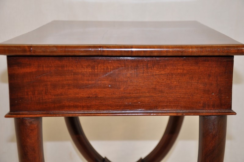 Neoclassical Duncan Phyfe Mahogany Side Table, Curule Base Form, Drawer gallery