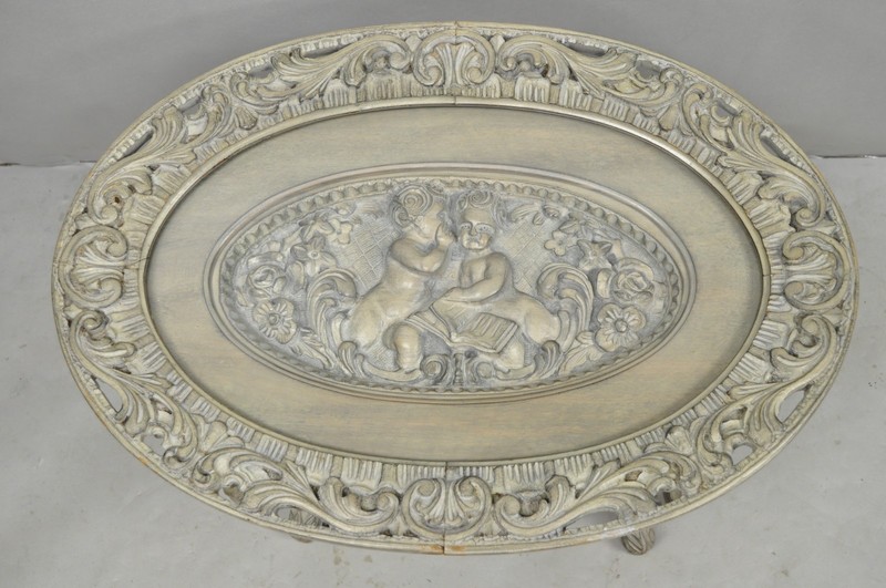 Vintage French Renaissance Walnut Gray Distress Painted Cherub Coffee Table gallery
