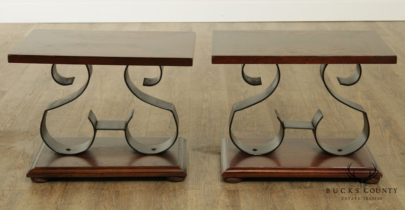 Mid Century Pair Oak and Black Wrought Iron Side Tables - Rosewood Butterfly gallery