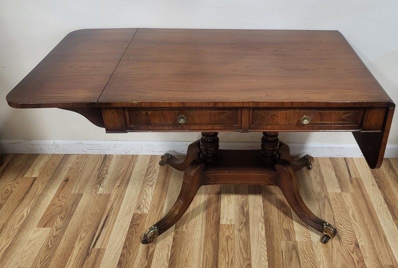 19th C ENGLISH Regency Carved & Brass Inlaid Rosewood Drop Leaf SOFA TABLE Desk gallery