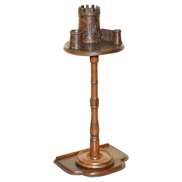 ANTIQUE VICTORIAN SMOKERS SIDE TABLE DEPICTING CASTLES FOR PIPES TOBACCO CIGARS