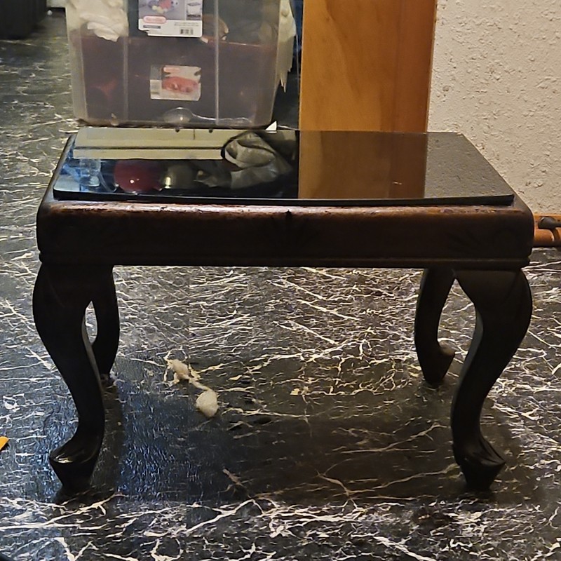Vintage Victorian Side Table Glass Top Carved Teak Wood Dark Brown