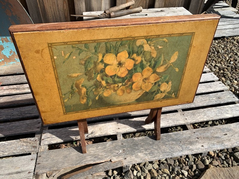 VINTAGE folding Wood table RARE Flower Design Top Early Americana