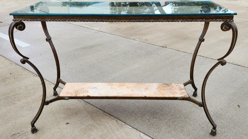 SHERRILL Patinated Console Table Metal Glass Marble 1970s gallery
