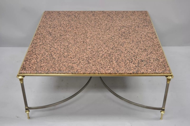 Italian Neoclassical Maison Jansen Style Steel & Brass Marble Top Coffee Table gallery