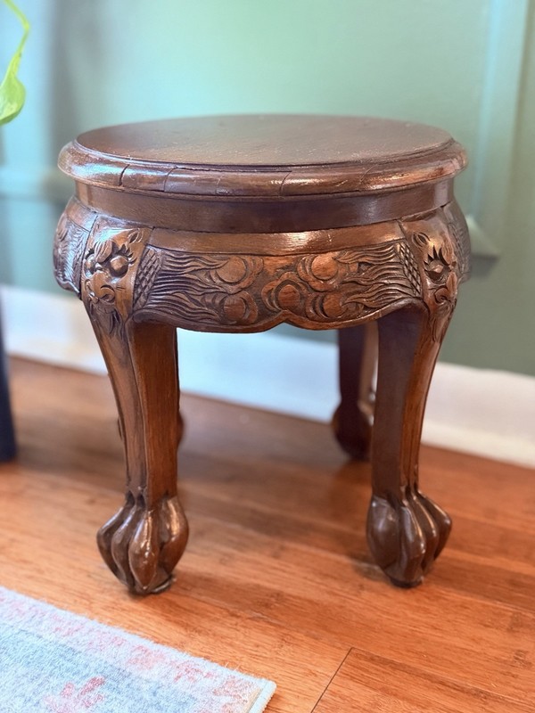 Vintage Asian Dragon Carved Lion Foot Wood Side Table Plant Stand 12.75” Tall gallery