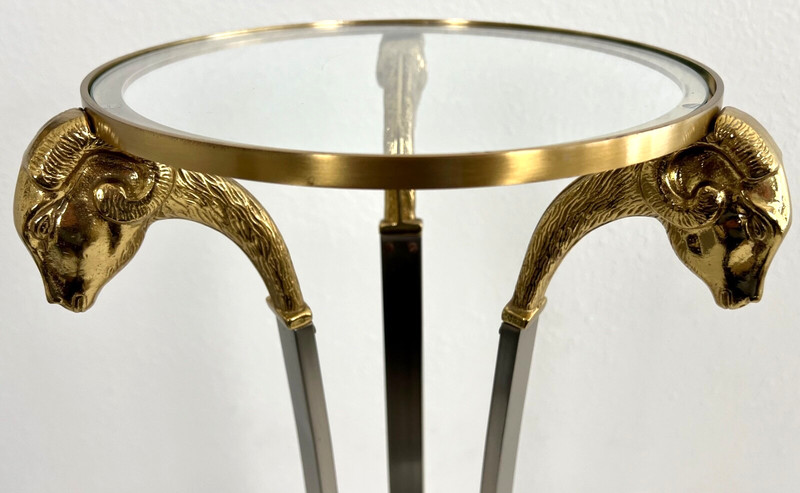 Italian Maison Jansen Brass Steel Ram Heads Pedestal Stand Table gallery