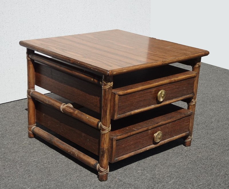 1980s McGuire Two Tier Side Table with Leather and Brass Hardware French Country gallery