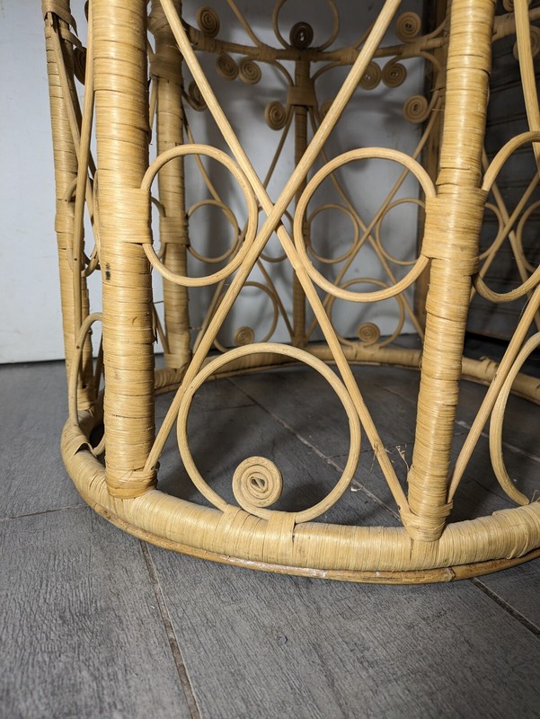 Vintage Boho Chic Wicker Rattan Peacock Spiral Round Drum Table Plant Stand gallery