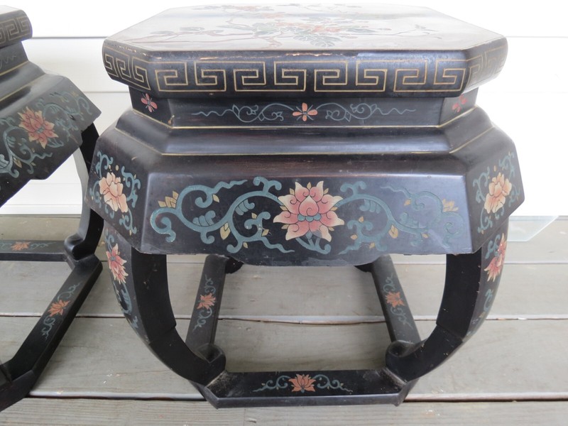 Pair Of Vintage Oriental Asian Hand Painted & Lacquered Bird & Flower Tables gallery