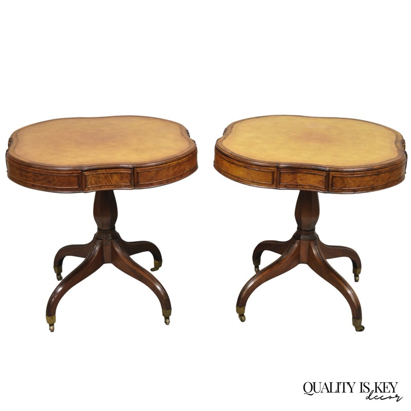 Vintage English Regency Leather Top Mahogany Drum End Table w/ 4 Drawers – Pair