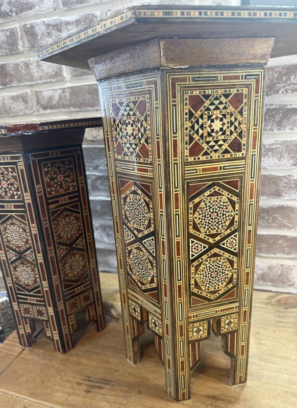 Antique Set 2 WUNDERLY VINTAGE SYRIAN INLAID MOROCCAN Wood Side TABLES Or Stands gallery