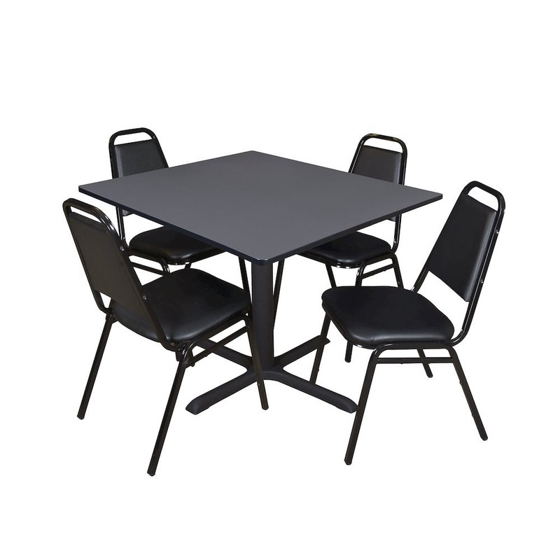 48 in. Square X-Base Breakroom Table- Grey & 4 Restaurant Stack Chairs- Black