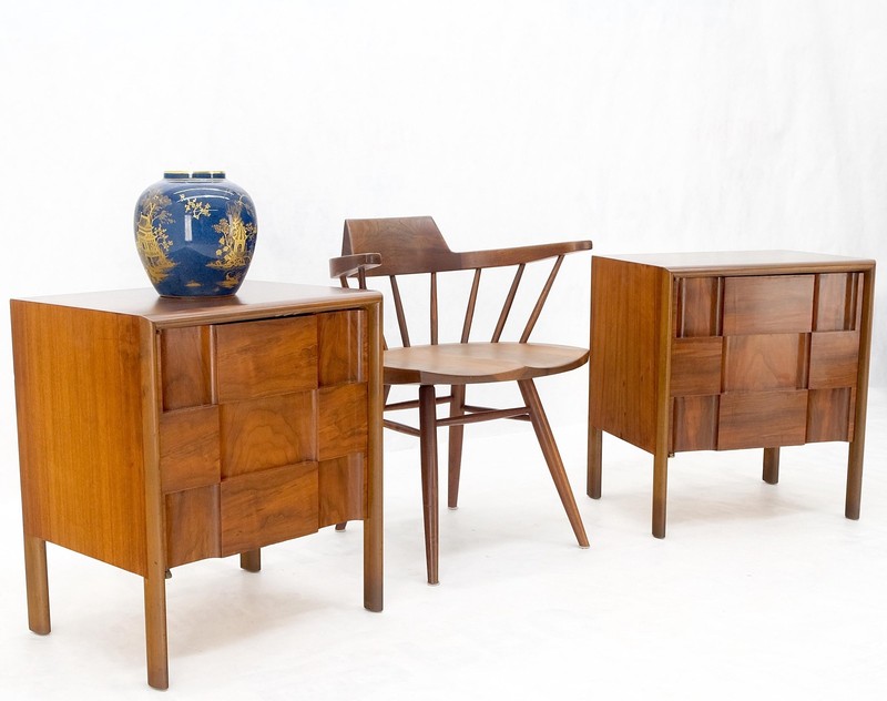 Pair Swedish Walnut Birch Int Block Front Door End Side Tables Night Stands Mint gallery