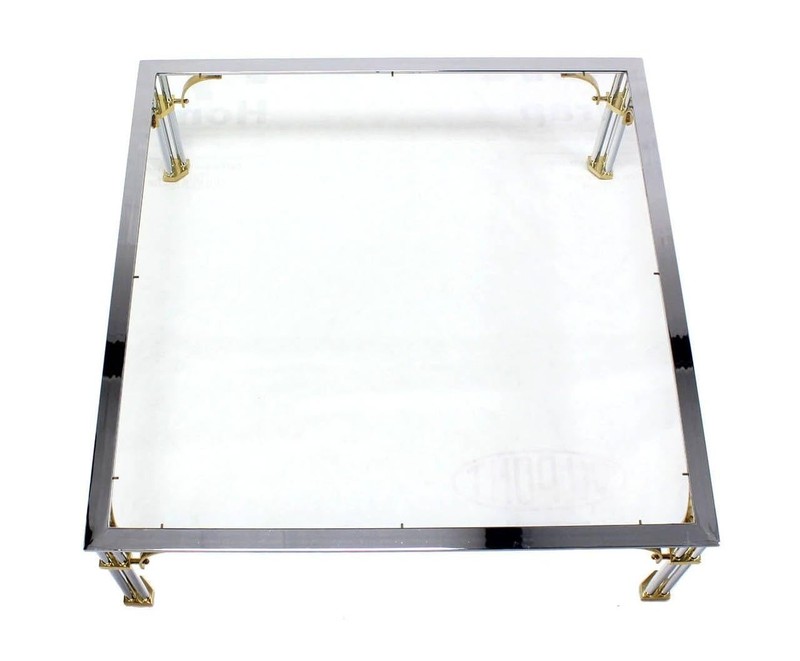 Large Square Italian Mid Century Modern Brass Chrome Glass Top Coffee Table MINT gallery