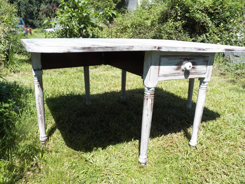 Large Antique Shabby White Dining Table Solid Walnut turned leg drop leaf gallery