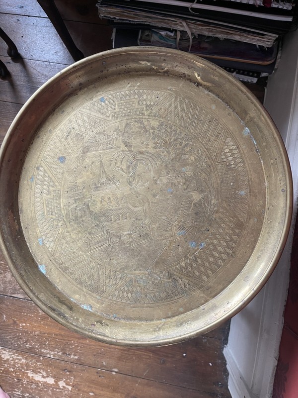 Antique Middle Eastern Folding Round Brass Tray Top Table campaign gallery