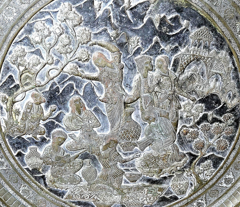 Antique Tin Copper Engraved Coffee Table 31″ Khayyam Imagery