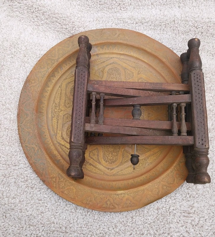 Vntg Old Middle Eastern Inlayed Wood & 20″ Engraved Brass Tray Top Folding Table